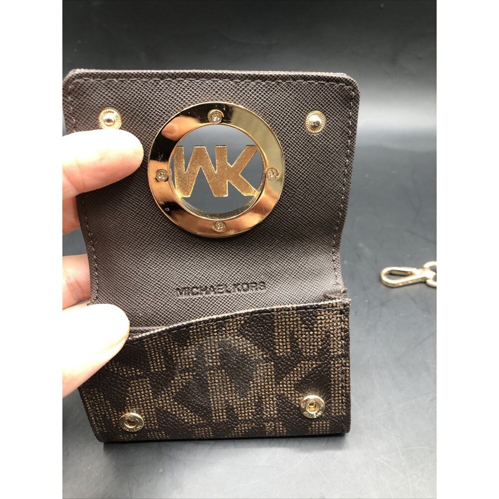 Michael Kors MK Logo Leather Card Case Wallet Brown With MK Pattern 2 Slots - Picture 5 of 9